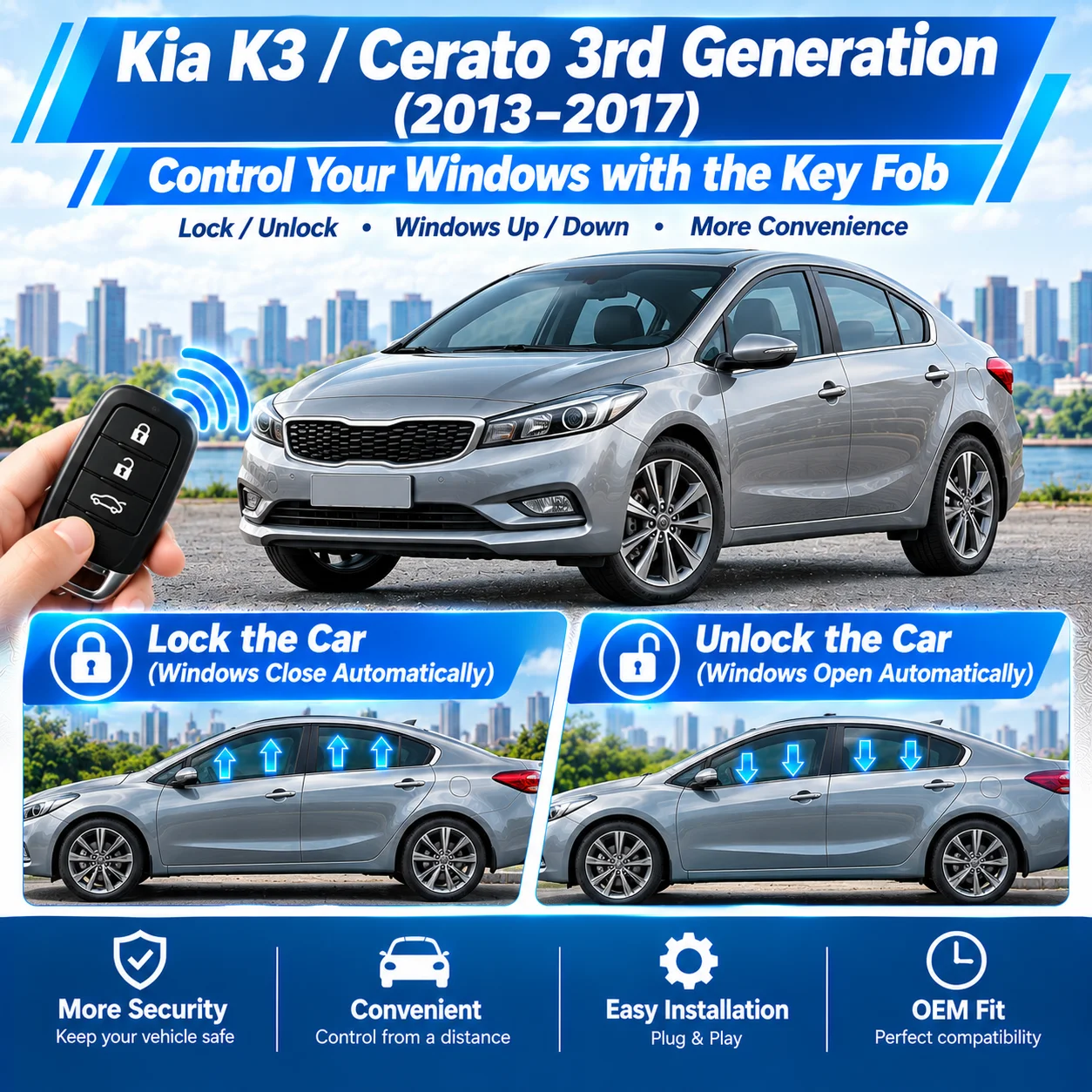 Accessory for Kia K3 / Cerato 3rd Generation (2013–2017): Automatic window roll-up upon locking and one-touch window closing.