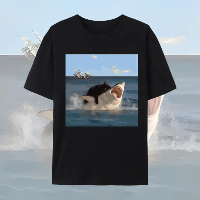 Funny Cat Biting Shark Print T-shirts Men Women Summer Casual Fashion Loose Tops Streetwear Crew Neck Short Sleeve T-shirts