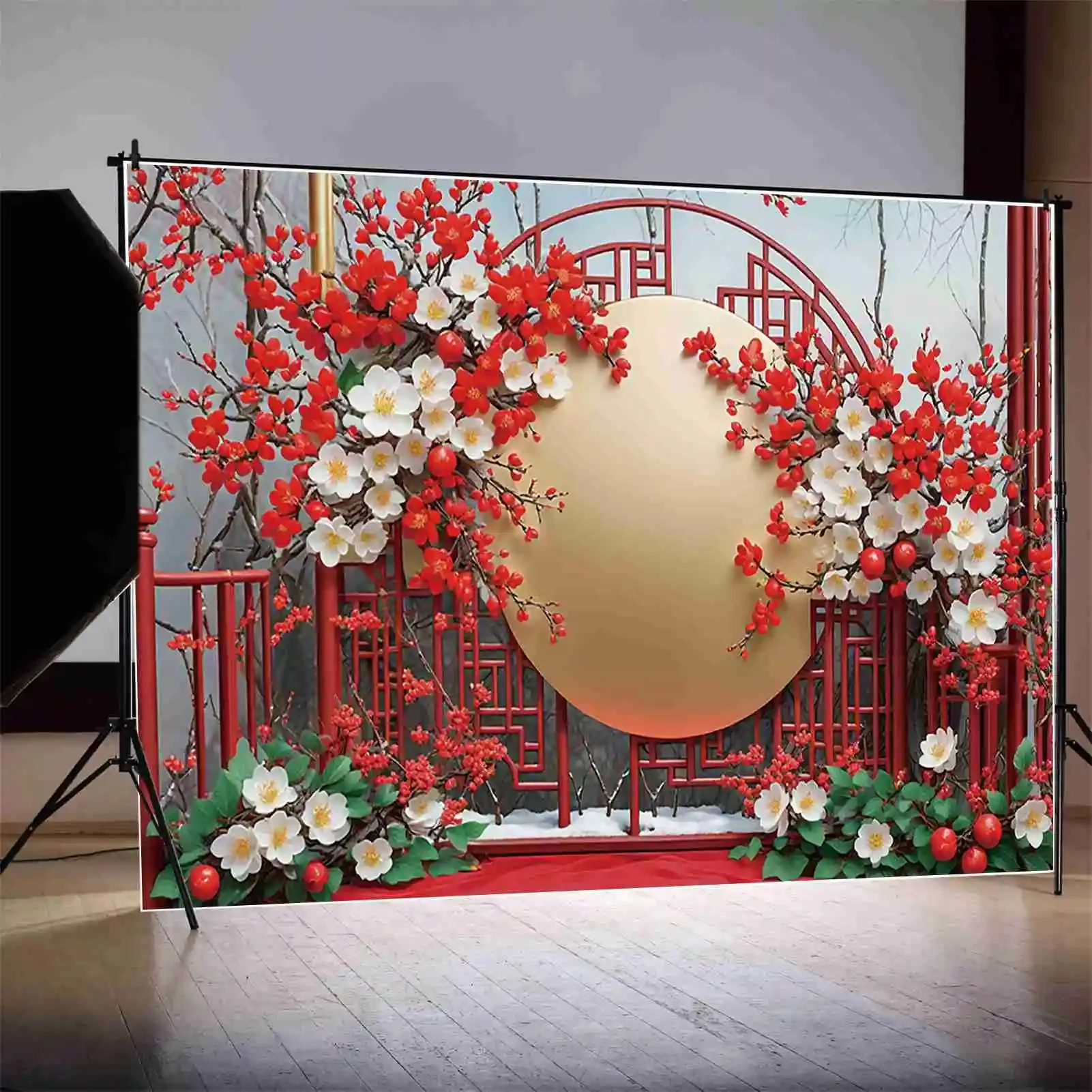 Moon.qg-写真の背景、中国の旧正月、小道具、ランタンプラムの花、写真の背景、ベビースタジオ、フォトゾーン用品、赤、ファン