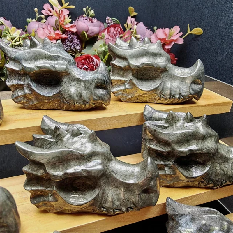 Wholesale Hand Carved Pyrite Dragon Skulls Crystal Crafts Dragon For Home Decoration