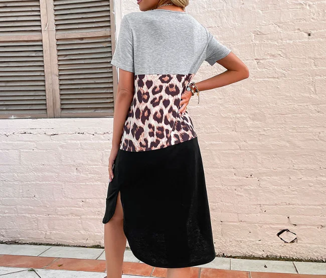 Slim fit korte mouwen patchwork luipaardprint split T-shirt lange rok zomer V-hals luipaardprint contrasterend ontwerp jurk