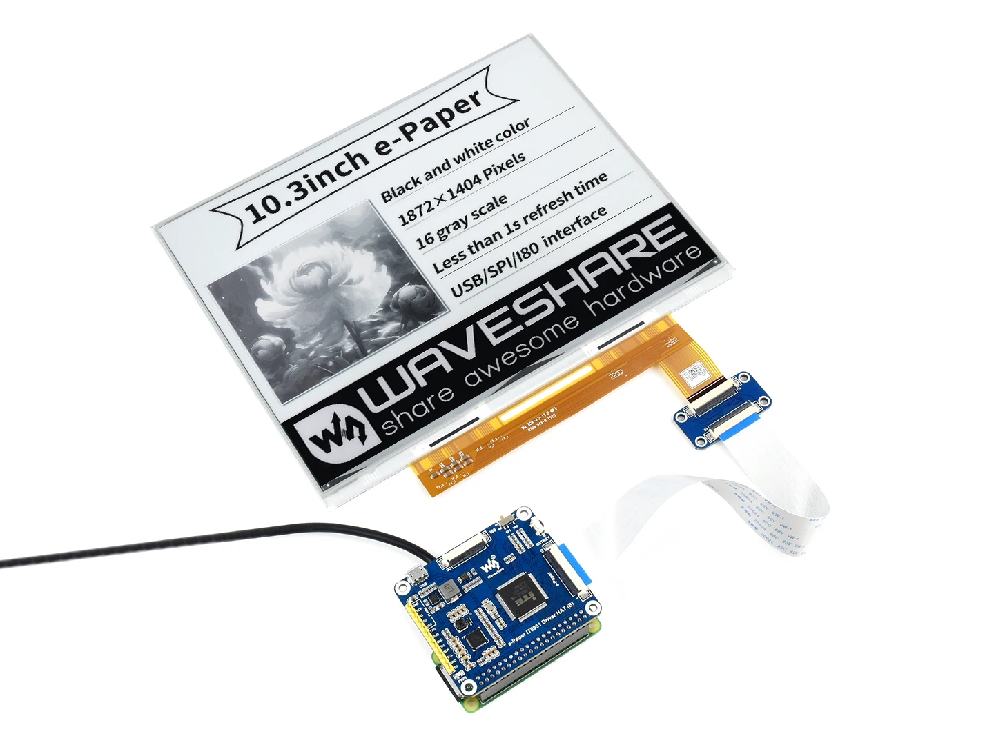 

Waveshare 10.3inch e-Paper e-Ink Display HAT For Raspberry Pi, 1872*1404, Black / White, 16 Grey Scales, USB / SPI / I80