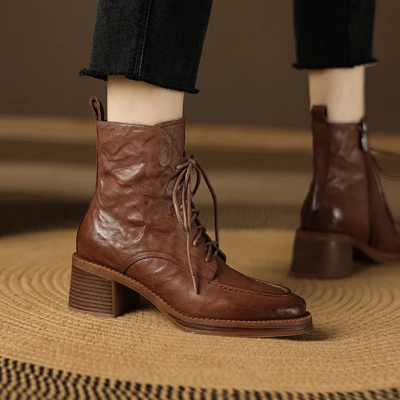 

Women's Genuine Leather Round Toe Ankle Boots with Brown Thick Heels Female Chealse booties Woman Trends 2026 on Offer Footwear