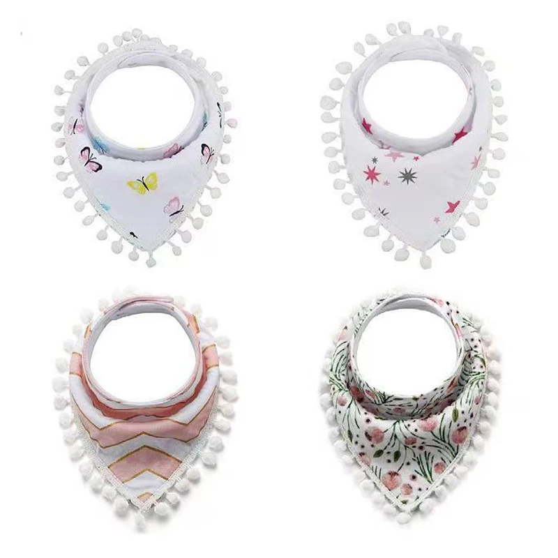 Absorbent Size Adjustable 2 Layers Printed Cute Cotton Fleece Baby Bibs with Ball Pom-poms Triangular Banada Bib for Boys Girls