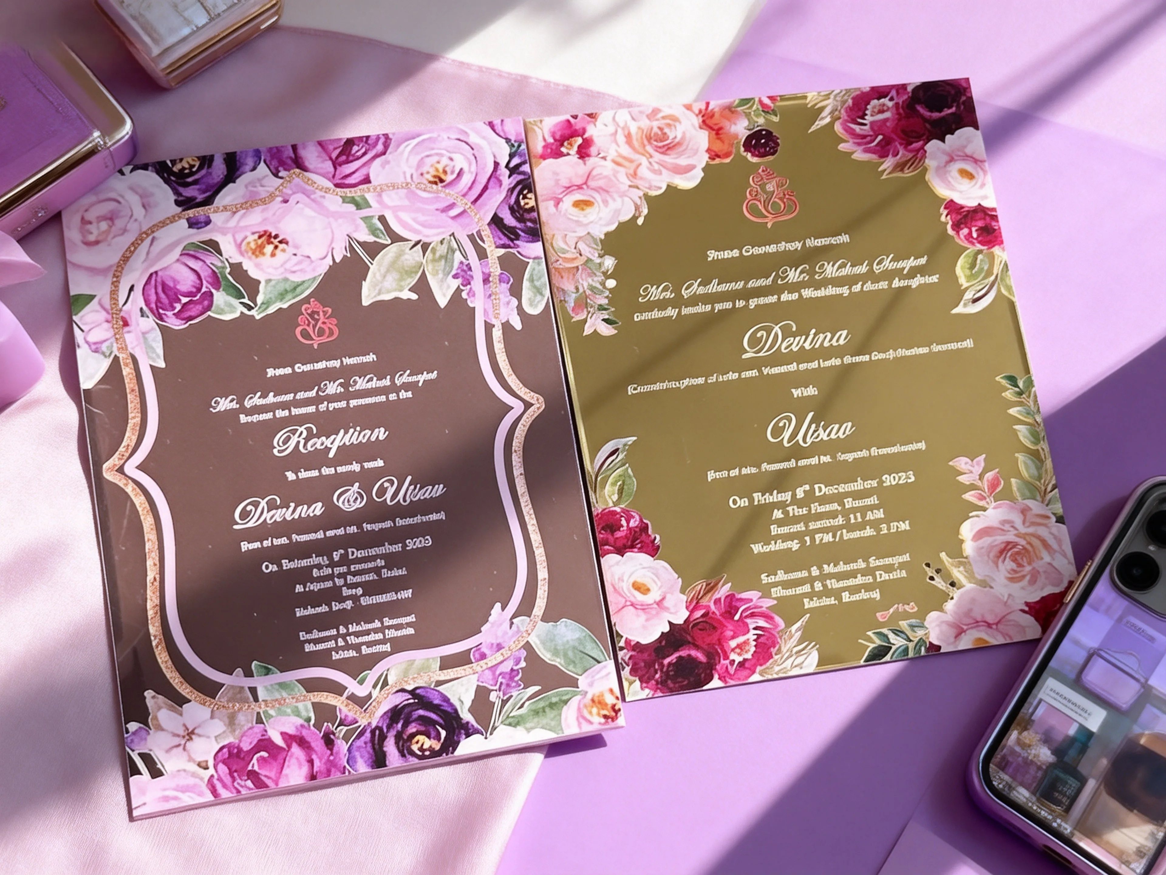 

10pcs Luxury Mirror Gold Acrylic Wedding Invitations Card,Personalized Rose Gold Floral Invites,Custom Birthday Party Stationery