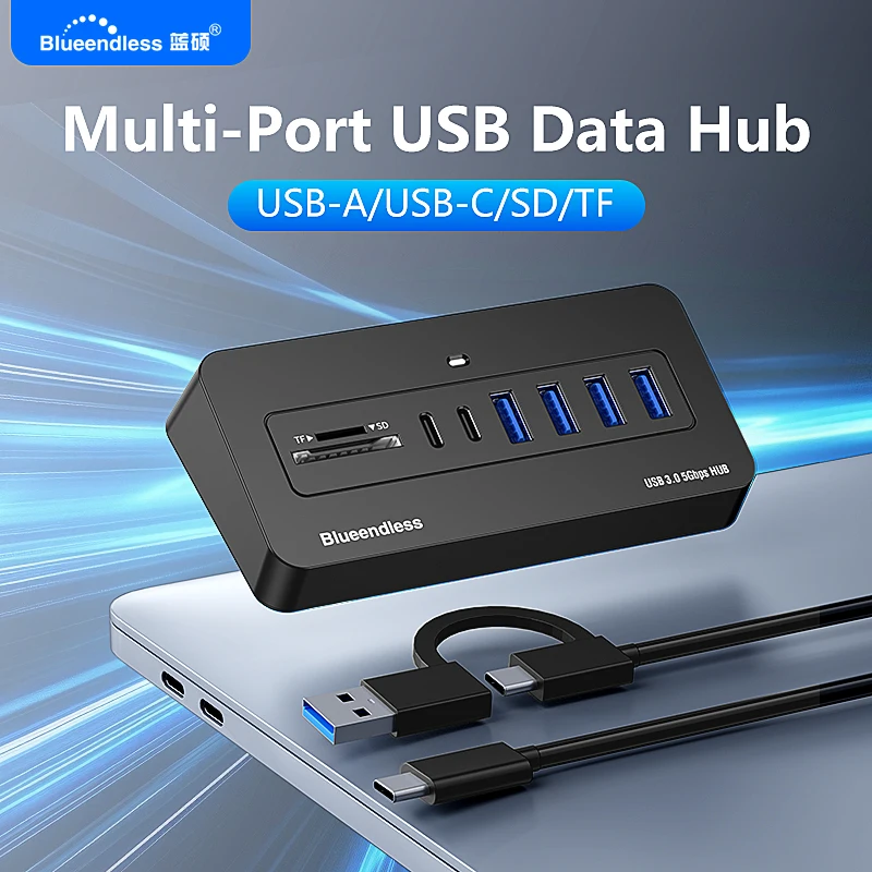 Blueendless Multi-Port USB-C Hub Docking Station 5Gbps USB3.0 Splitter 7/8-Port  2-in-1 Cable 5V External Power For Laptop PC