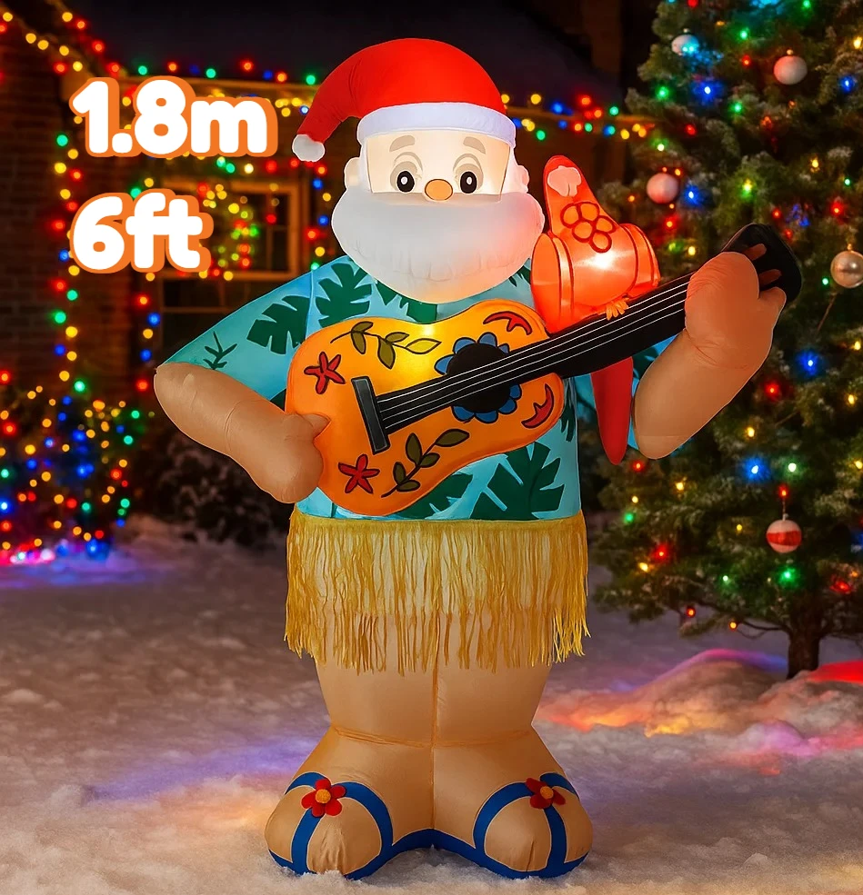 

6FT Inflatable Toy Christmas Decorations Inflatable Hawaiian Santa With Guitar Yard Ornaments LED Lights Holiday Party Decor