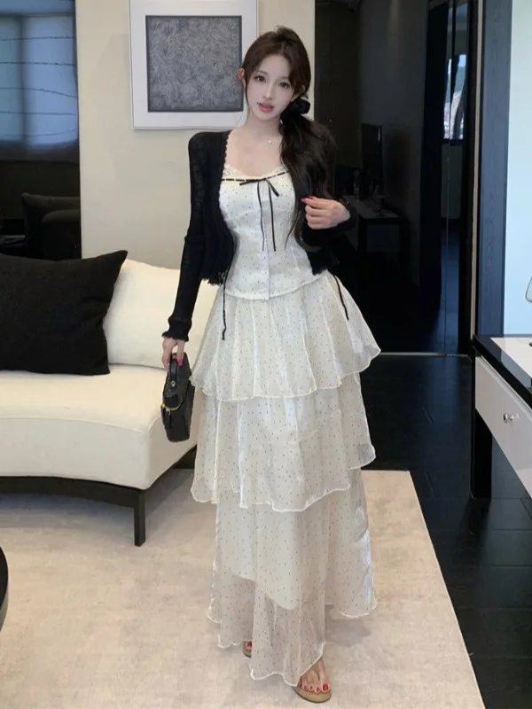 

Summer Thin Knitted Polka Dot Lace Strap Vest Multi-Layer Cake Long Skirt Three-Piece Set Chic Slimming Softness Breathable