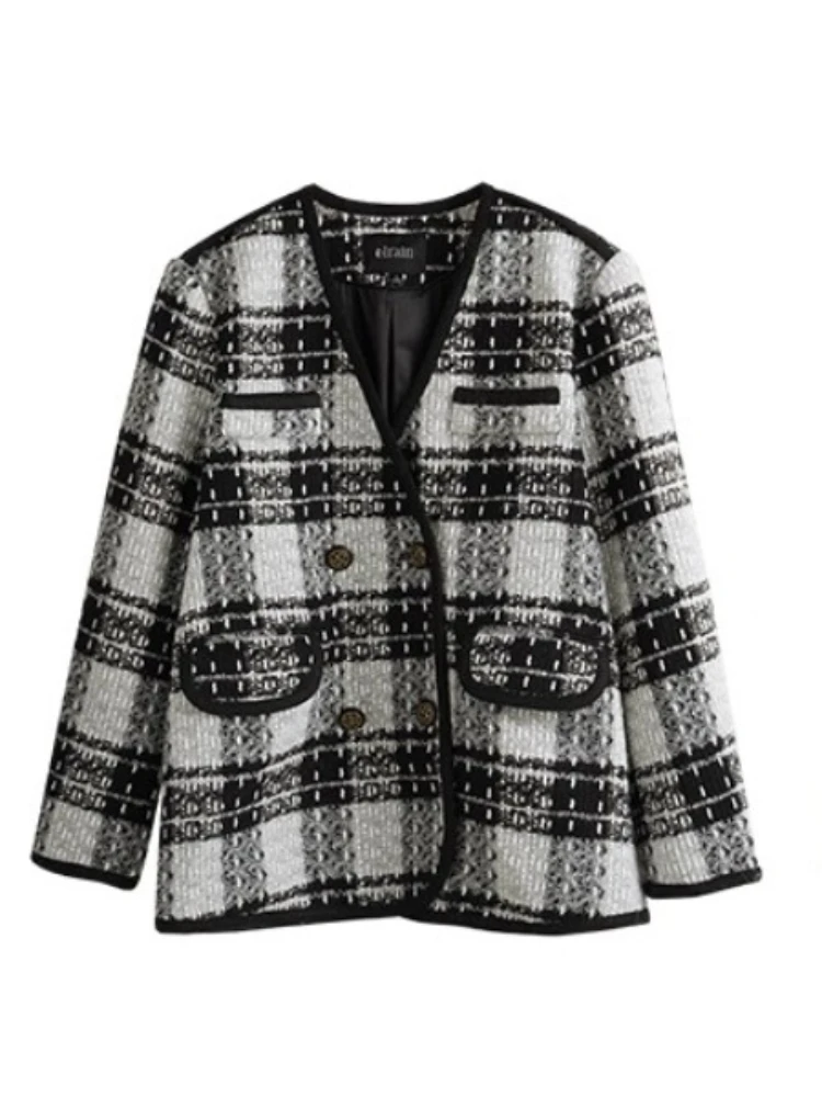 Jaket Wanita OLrain Blends 2025 Musim Gugur Terbaru Musim Dingin Mantel V-neck Elegan untuk Kerja Santai Longgar Motif Kotak-kotak Pakaian Luar Wanita G23DN65988