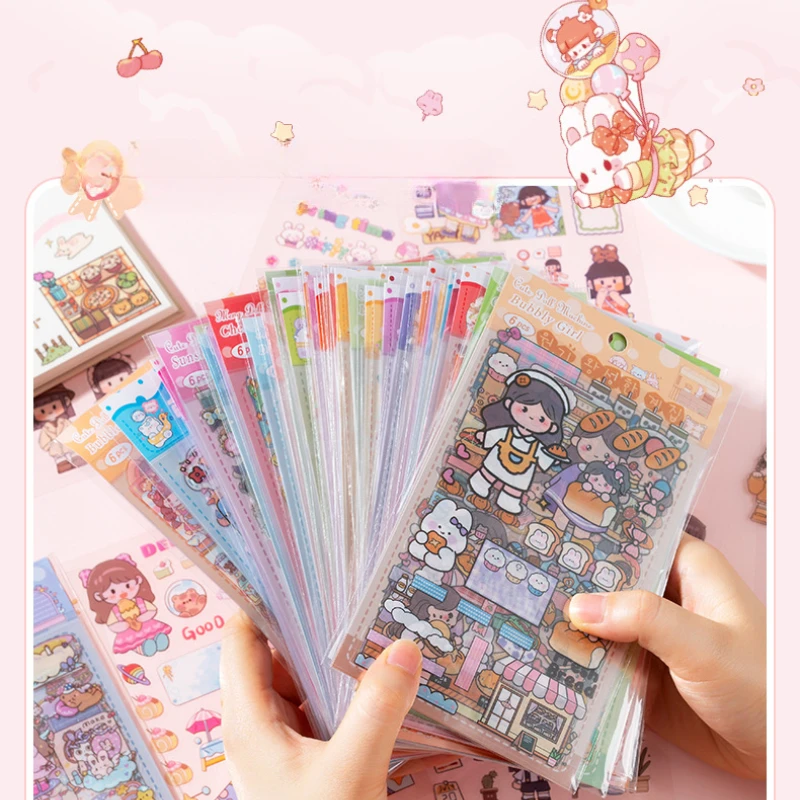 6pcs/ packet Cute cartoon Transparent waterproof stickers be available for Water bottles, cell phones, scrapbooks and suitcases