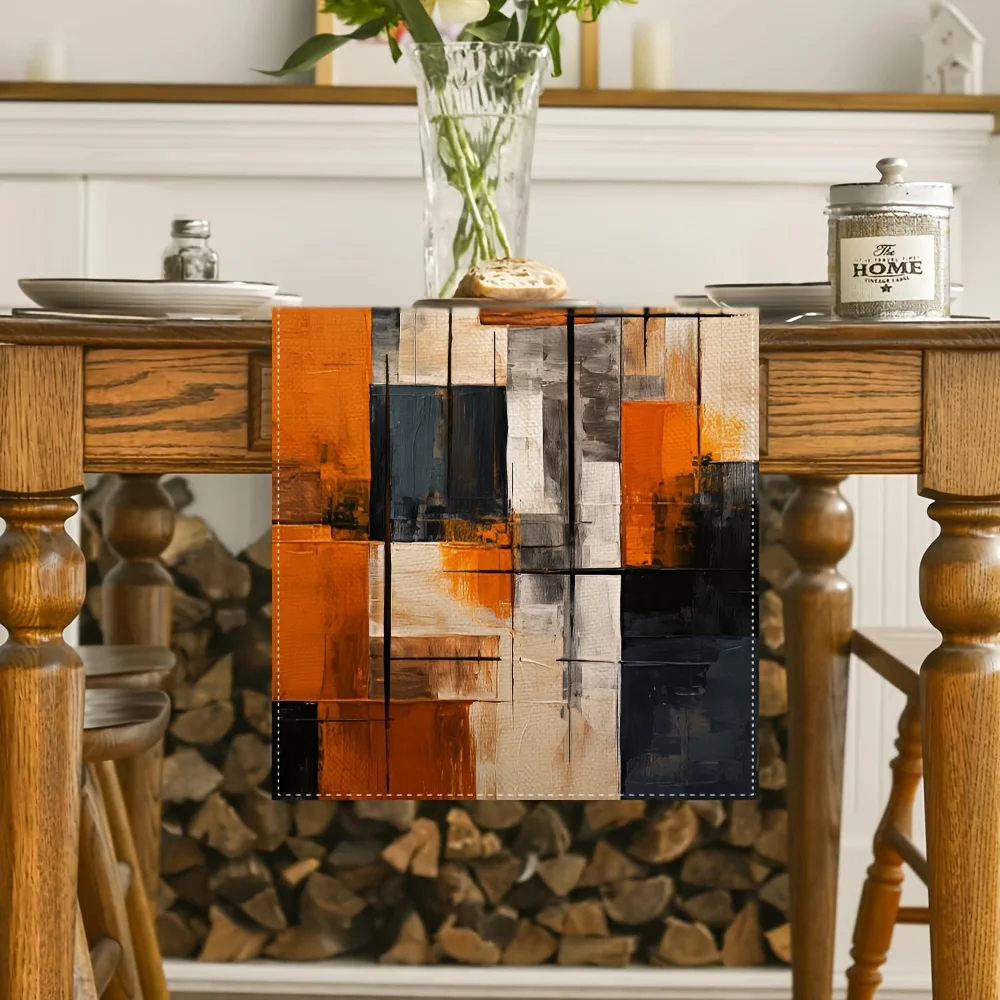 Watercolor Abstract Art Linen Table Runner for Holiday Party Decor Orange Black Stripe Pattern Table Runners Dresser Scarf Decor