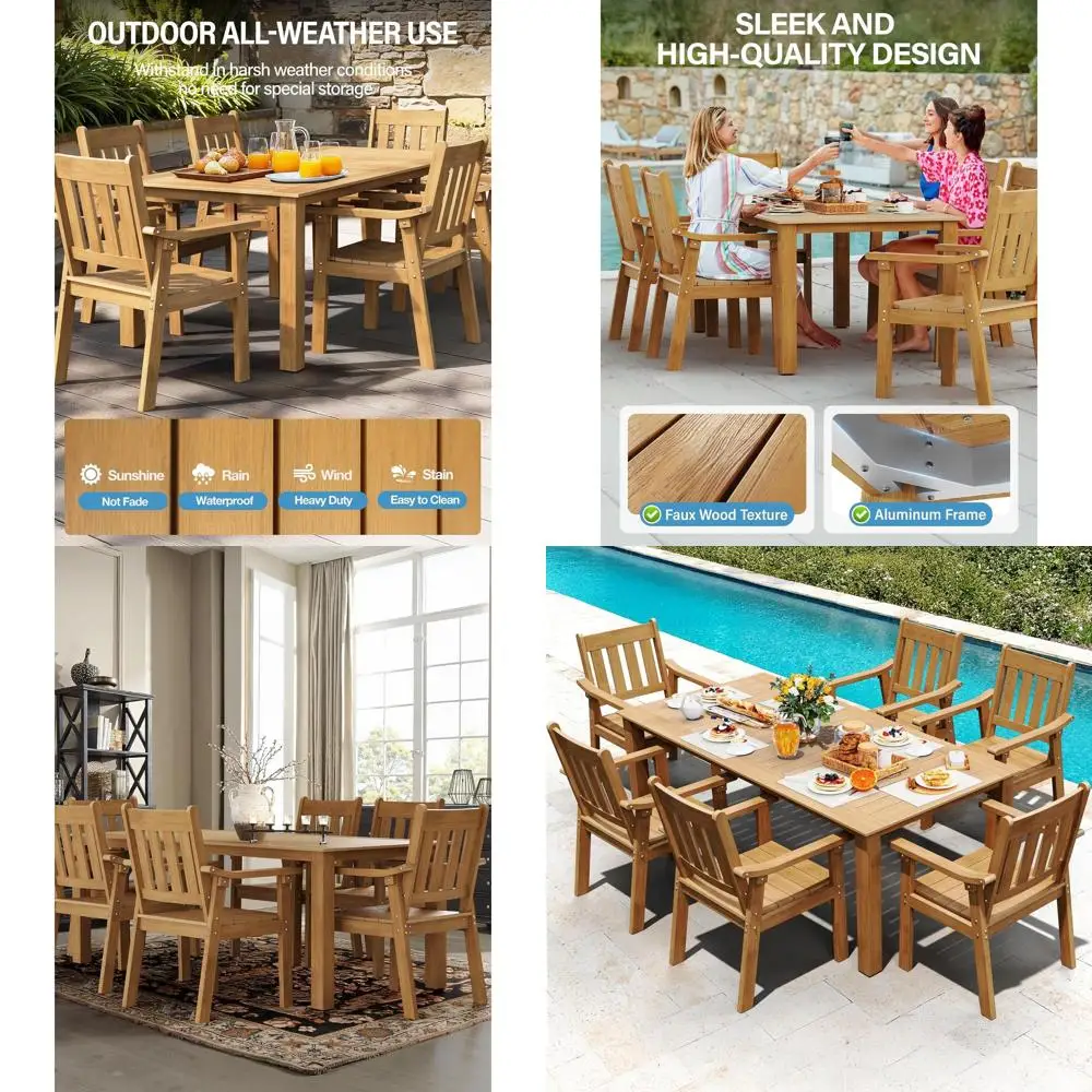 

7-Piece Outdoor Patio Table Set with Teak Plastic Chairs and Umbrella Hole for 6 People
