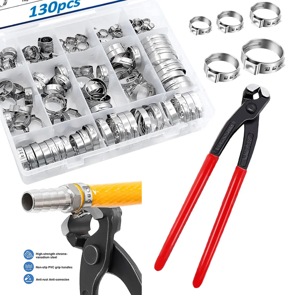 130Pcs 304 Stainless Steel Single Ear Hose Clamps Pliers Set 6-36.1mm Crimp Hose Clamps Automotive Clamps Stepless Hose Clamp