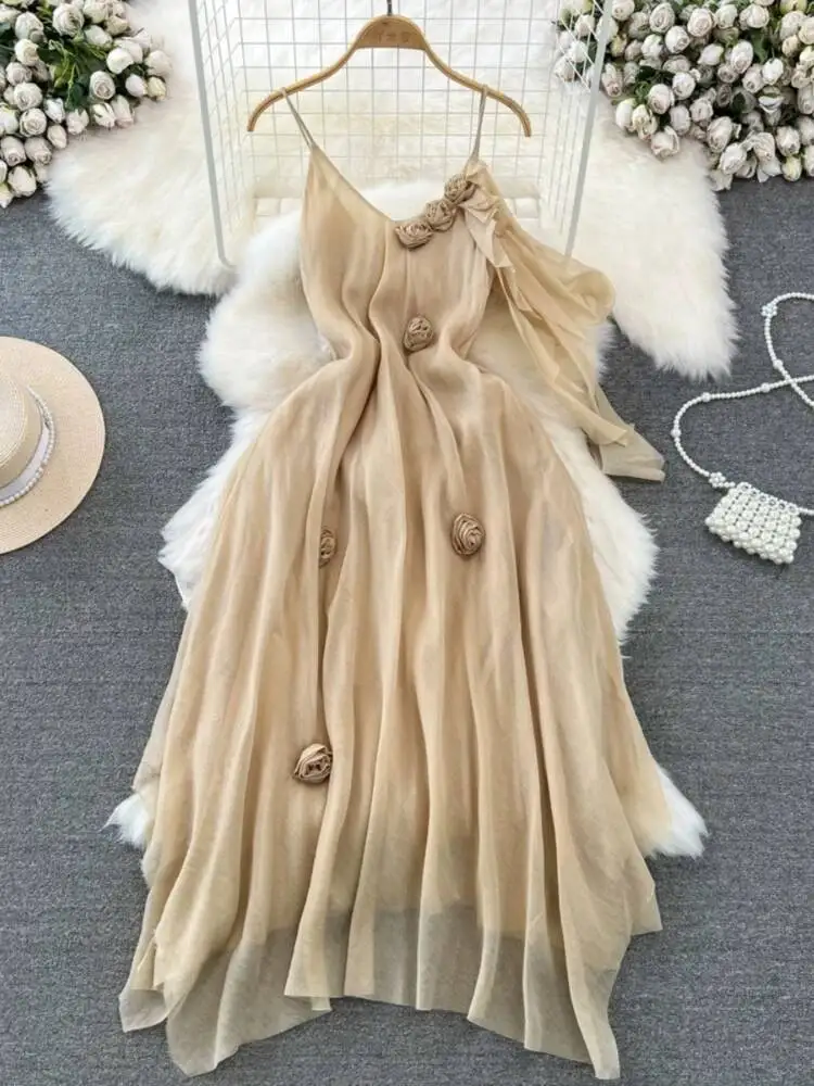 Letnia francuska sukienka plażowa damska elegancka z kwiatami 3D seksowna sukienka z dekoltem w serek długa sukienka damska dopasowana w kształcie litery A długa suknia na imprezę Vestidos