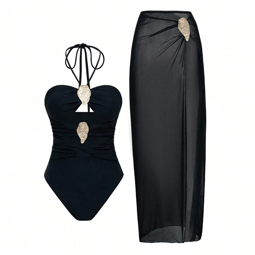 

Luxury Black Halter One Piece Swimsuit with Detachable Mesh Skirt, High Waist Tummy Control Bathing Suit for Beach, Pool