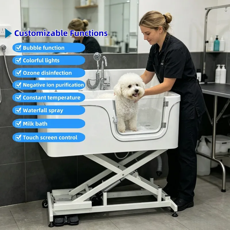 Foot Pedal Lifting Acrylic Pet SPA Bathtub With Bubble Constant Temperature Color Light Ozone Function Dog Cat Grooming Bath Tub