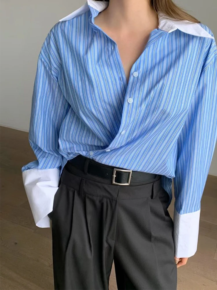 

Vintage Color Blocked Striped Shirt for Women Spring Stylish Turn Down Collar Long Sleeve Tops Loose Versatile Casual Blouse