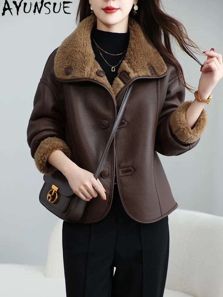 AYUNSUE 100% Wool Coat Women 2025 Sheep Shearling Jackets Winter Clothes Female Motocycle Jacket Fur Integrated Пальто Женское