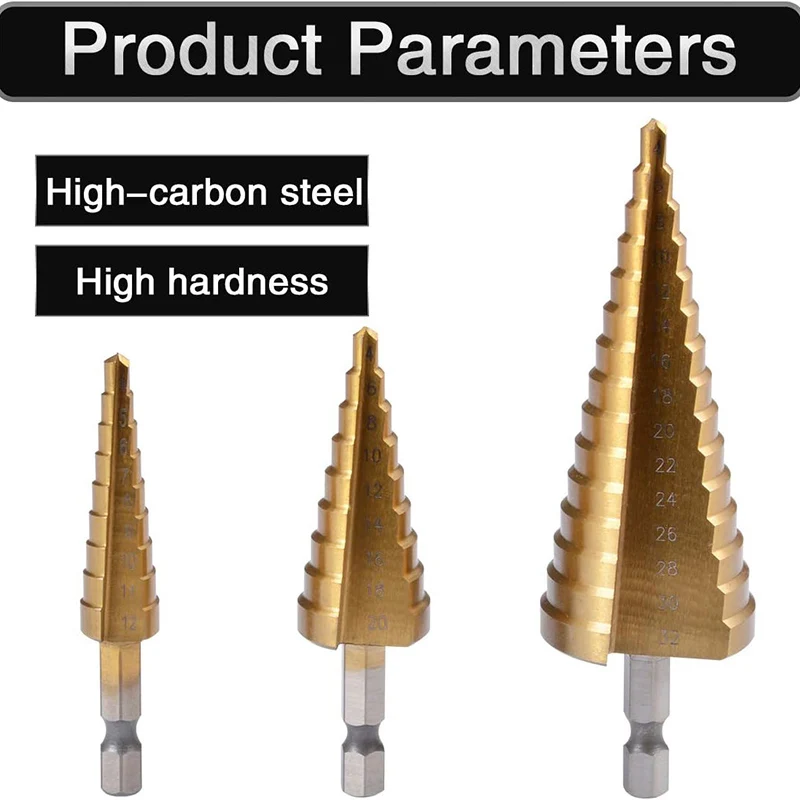 Straight Grooved Step Drill Bit Set, High Step Steel Titanium Drill Bits Set Power Tools Cut Tool Set for Metal Wood Steel DIY