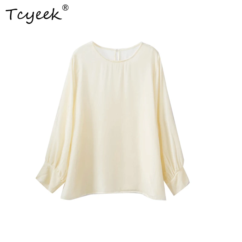 

Tcyeek 100% Real Mulberry Silk Spring Autumn Velvet Round Neck Long Sleeved Milky White Women's T-shirt Футболки Женскиe 반팔 반팔