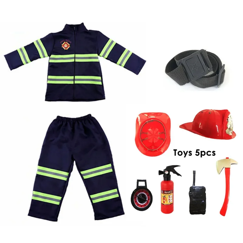 Traje de bombeiro para crianças, roupas de bombeiro com cinto, 5 conjuntos de brinquedos, dramatização Sam, roupas de trabalho, uniforme, pistola d'água