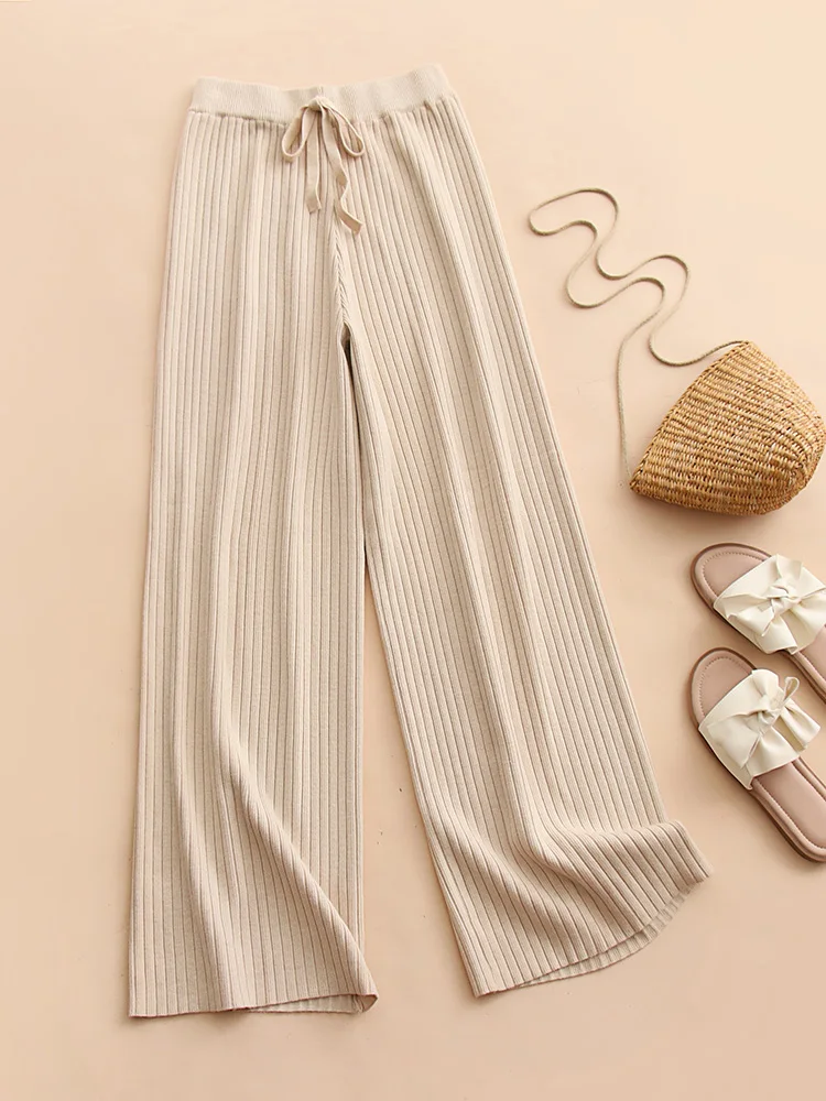 

Drawstring Waist Knit Pants Elegant Solid Color Everyday Pants Women's Clothing