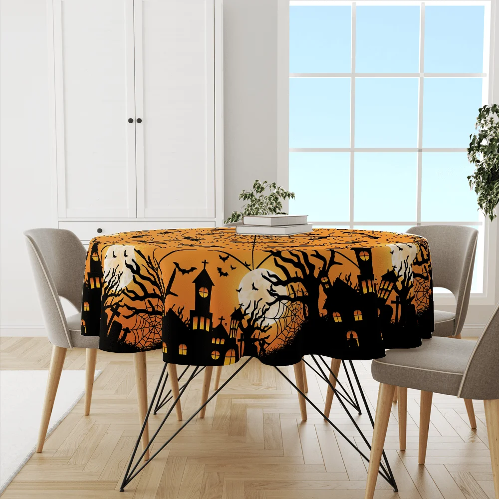 1Pc Halloween Party Tablecloth, Polyester Horror House and Bat Design, Machine Made