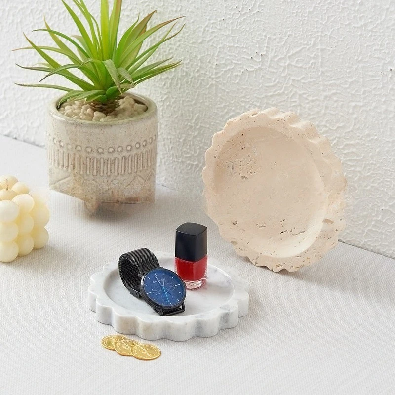 Natural Travertine Lace Edge Tray, White Embossed Soap & Jewelry Display Dish, Multi-functional Vanity Table Decor Organizer