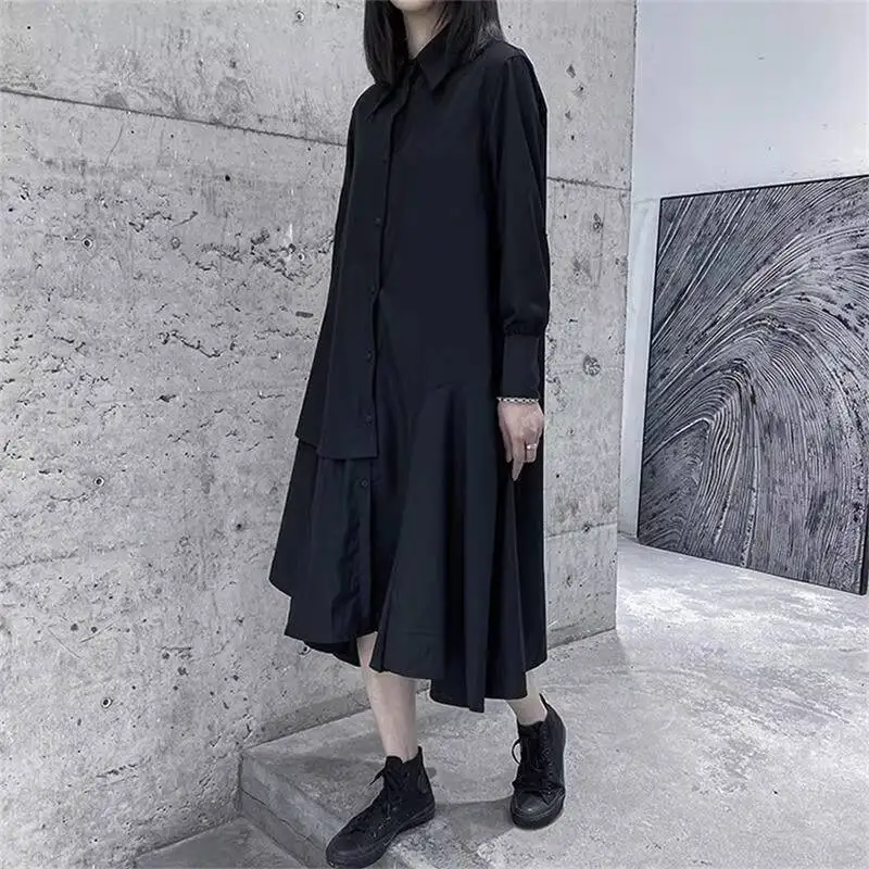 Robe à manches longues pour femmes, début du printemps, nouvelle mode classique foncée, plis irréguliers, décontractée, grande taille, jupe chemise