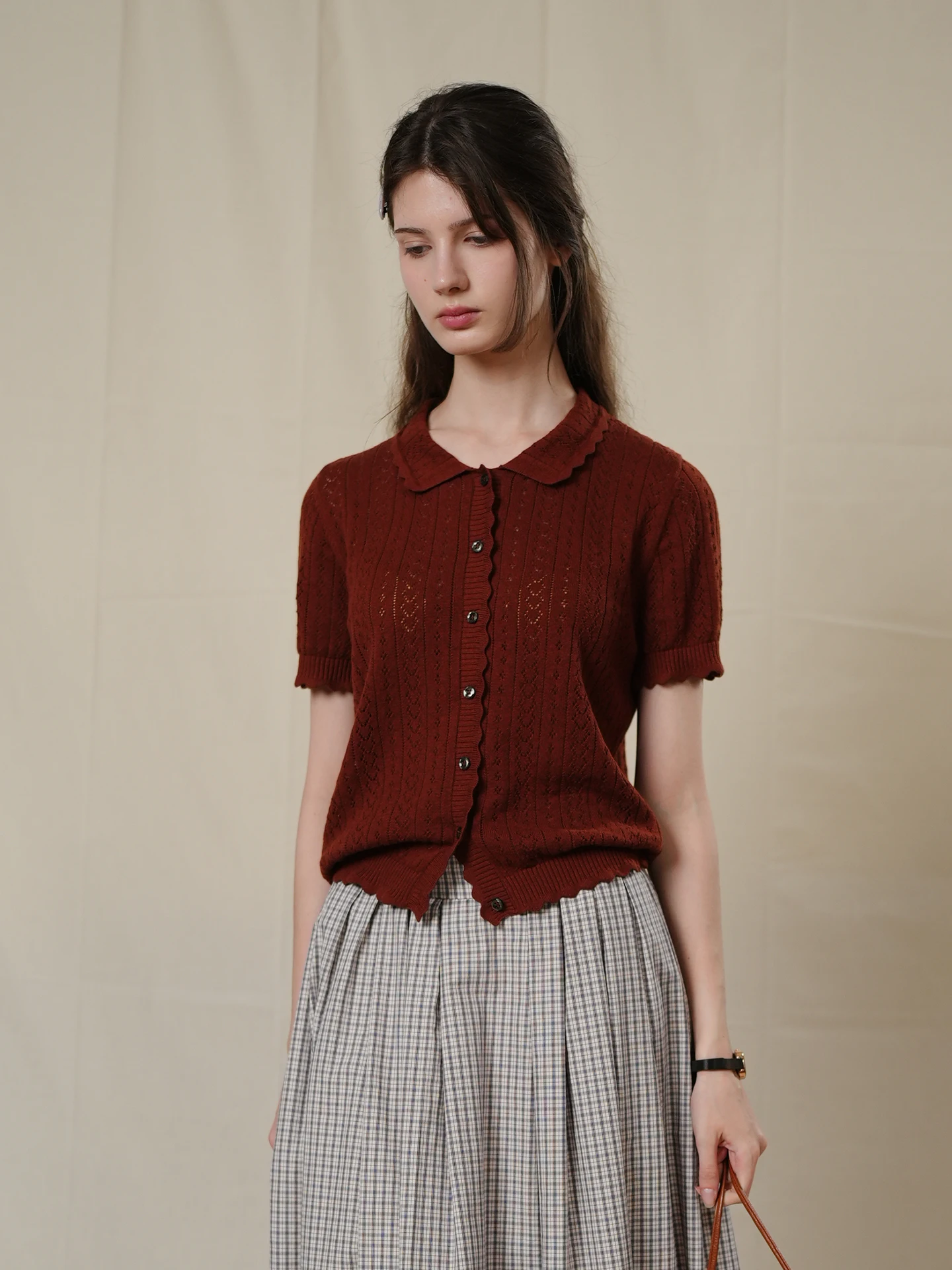 

MARCHNOON Retro Collar Knitted Cotton Linen Hollow Short Sleeve Miu Series Open Cardigan Versatile Thin Top for Women