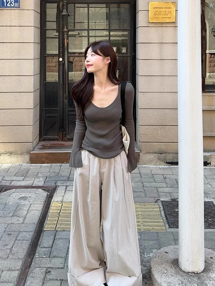 Coreano Sle ey Long Sve Base lavorata a maglia irt Maglione attillato slim fit da donna Autunno Inverno U-Ne Top Abbigliamento interno Grande apertura...