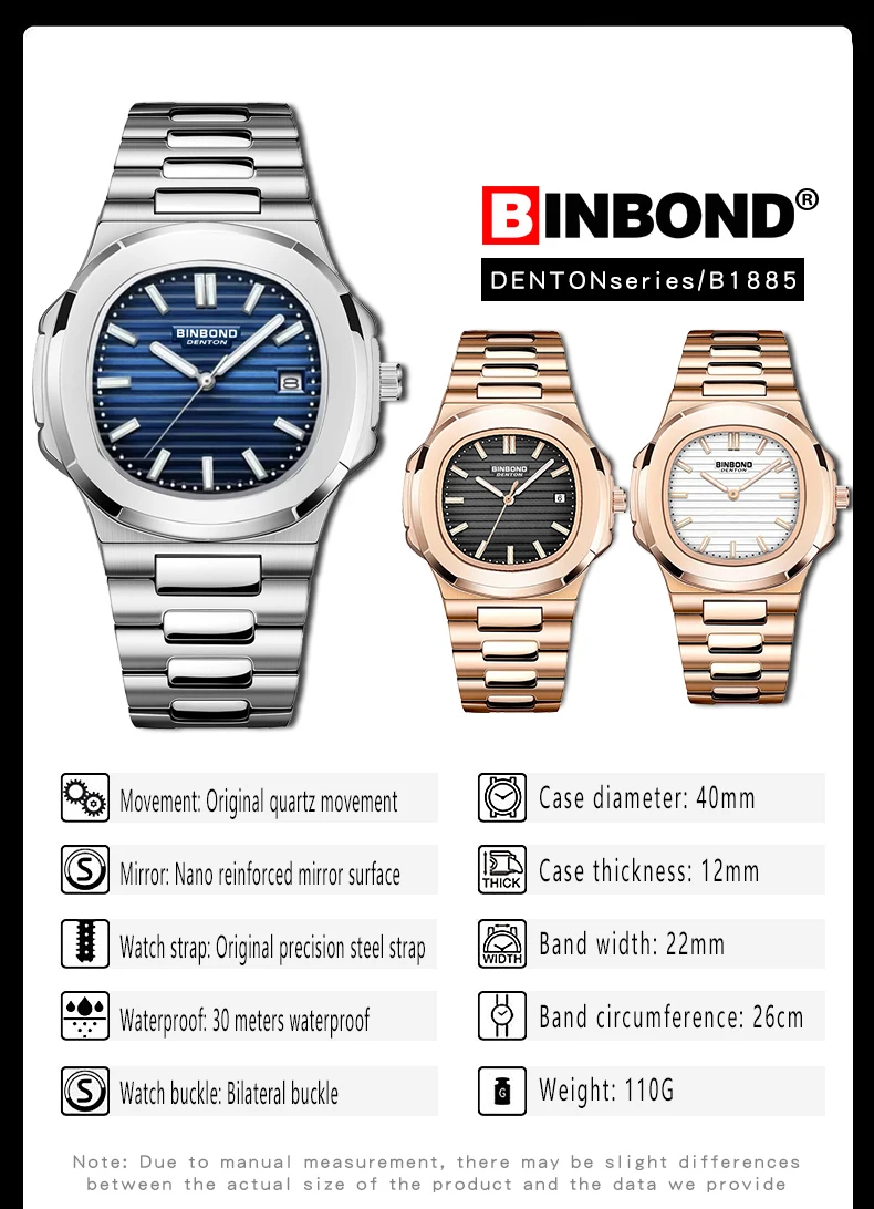 BINBOND 1885 Stainless Steel Wristwatch Case Fashion Calendar Quartz Waterproof Luminous Man Watches Reloj Hombre