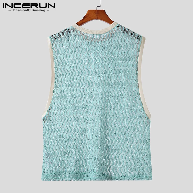 2023 Men Tank Tops Patchwork Mesh Transparent Lace Streetwear O-neck Sleeveless Vests Sexy Fashion Men Clothing S-5XL INCERUN 7