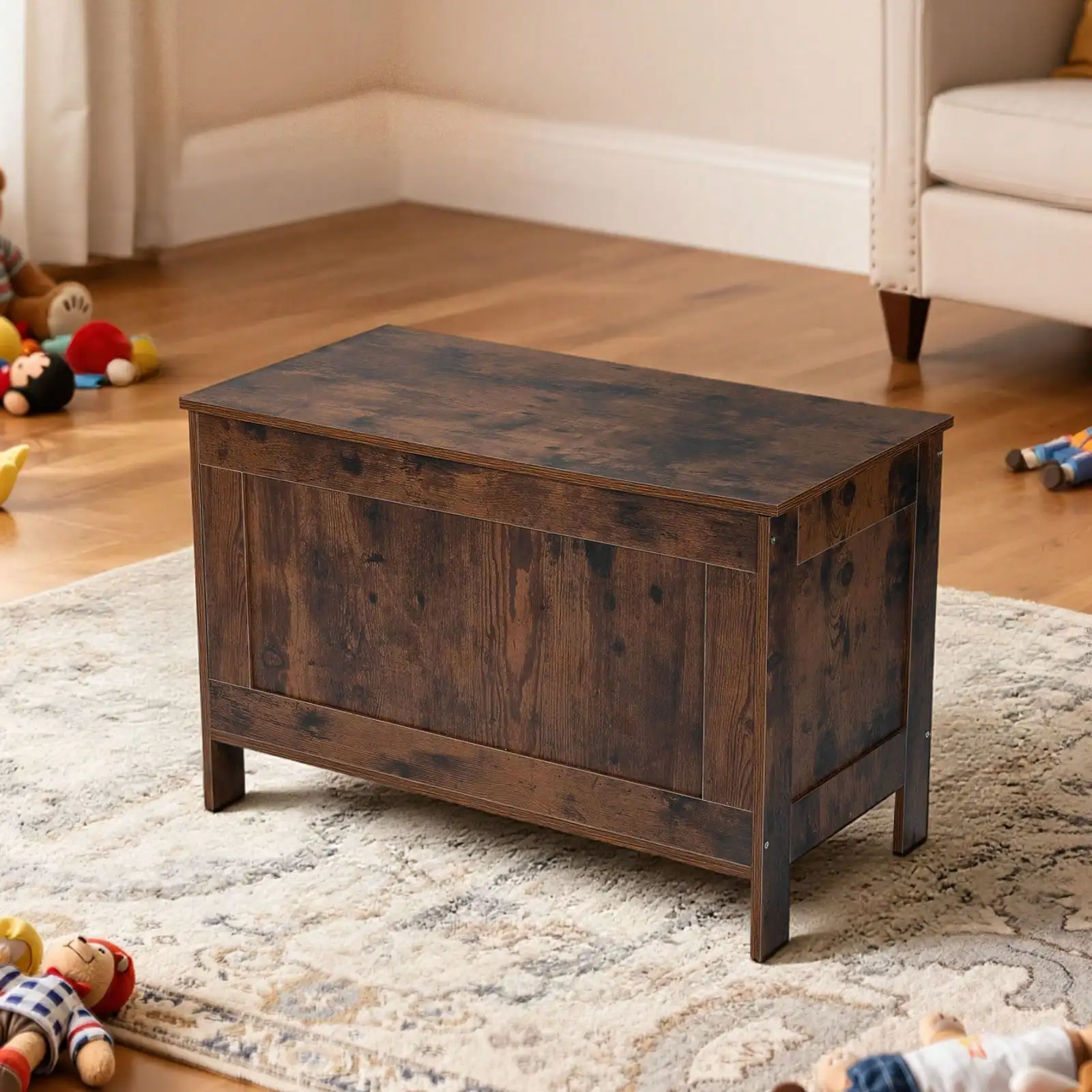 

Wooden Toy Box Chest With Backrest, Large Storage Cabinet With Safety Hinge, Toddlers Storage Bench For Play