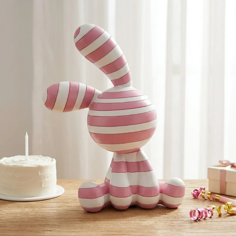 Fanshijia Rabbit Statue Resin Art Sculpture Pink White Striped Figurine Modern Home Decor Ornament For Living Room Desk Bookcase