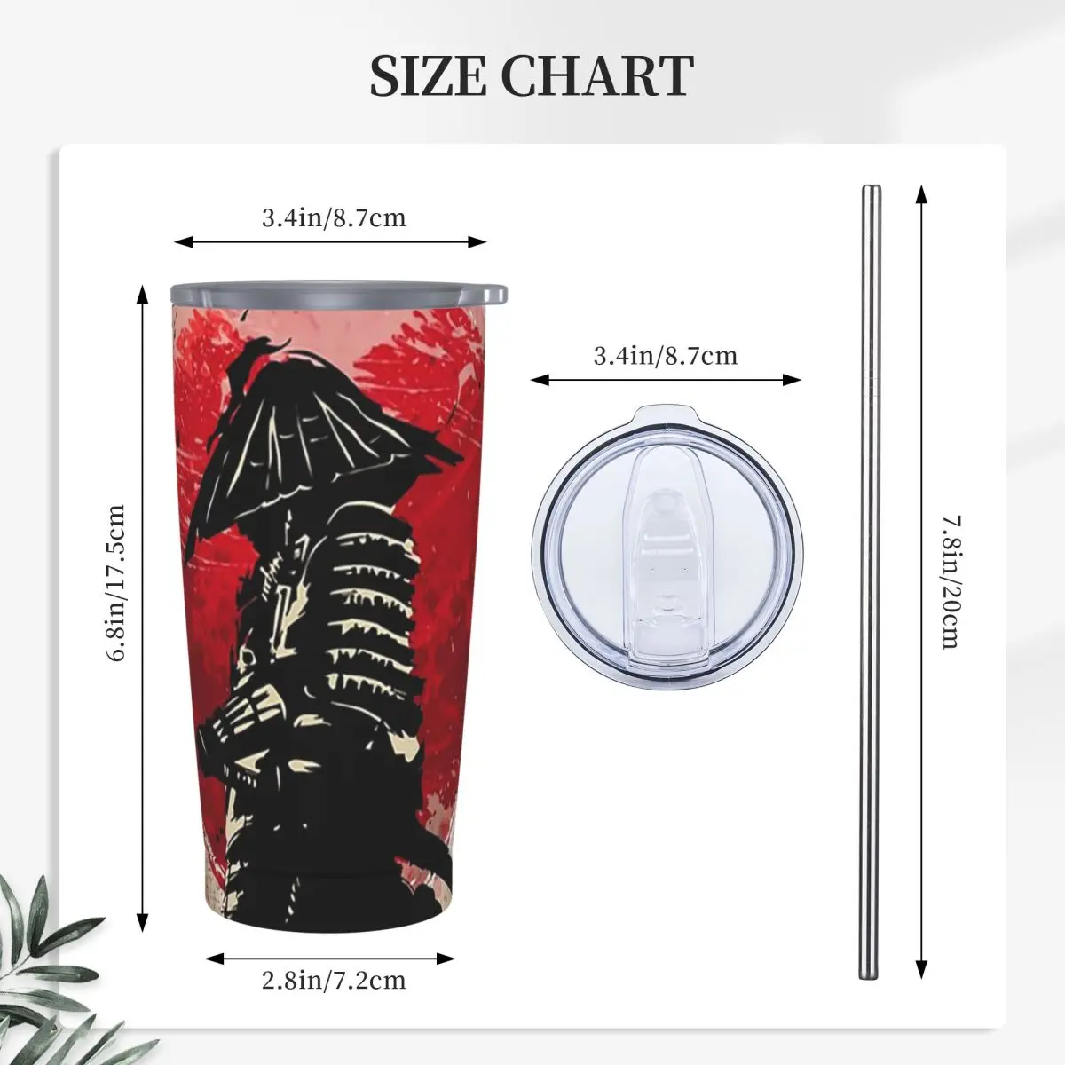 Japanese Art Samurai Fighter Bushido Stainless Steel Tumbler Vacuum Insulated Mug Thermal Cold Bottle Straws With Lid 20oz