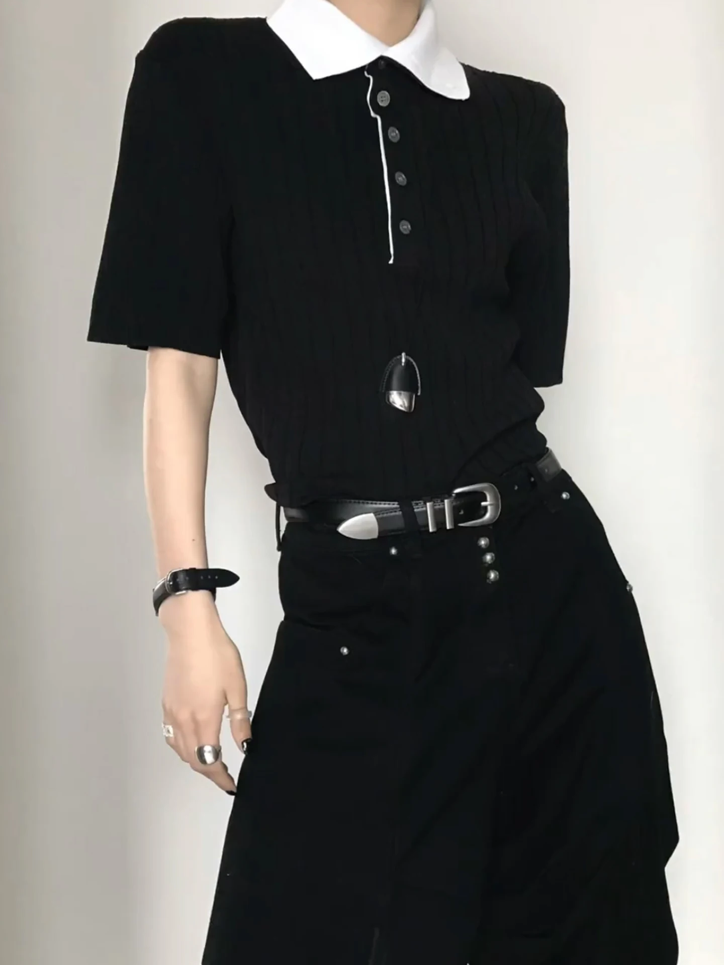 

High-End Black Neck Knitted Shirt Short Sleeve Casual Style Men's Women's Summer Neutral Flip Collar Button Fashion Top