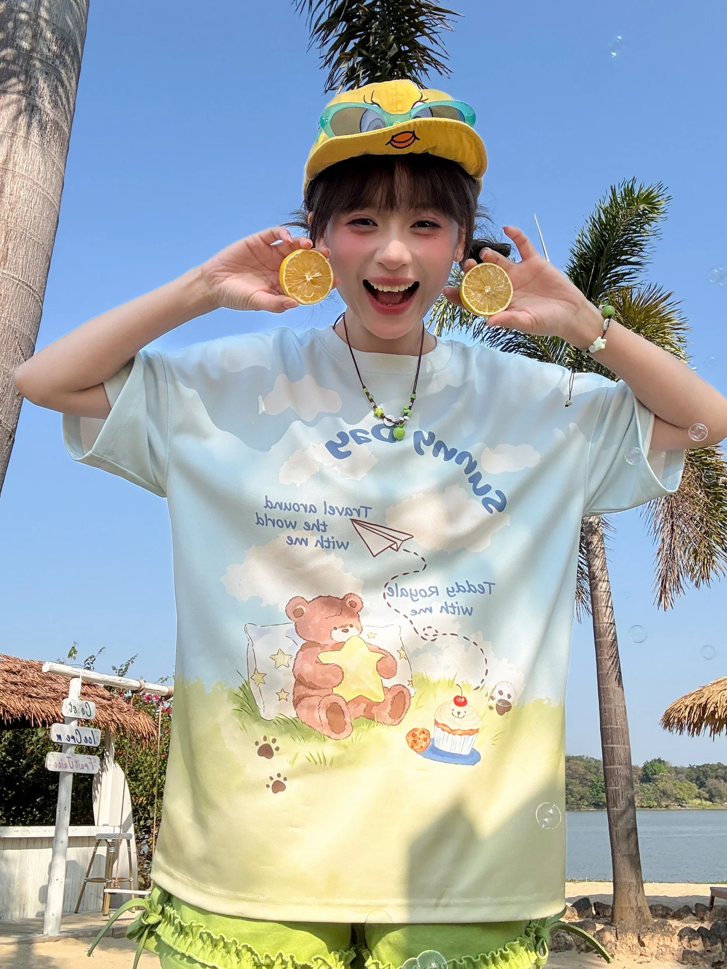 Cute Bear round Neck Short Sleeve Loose Women's T-shirt Summer New Design Sweet Style Forest Girl Tribe Top Casual Fashion