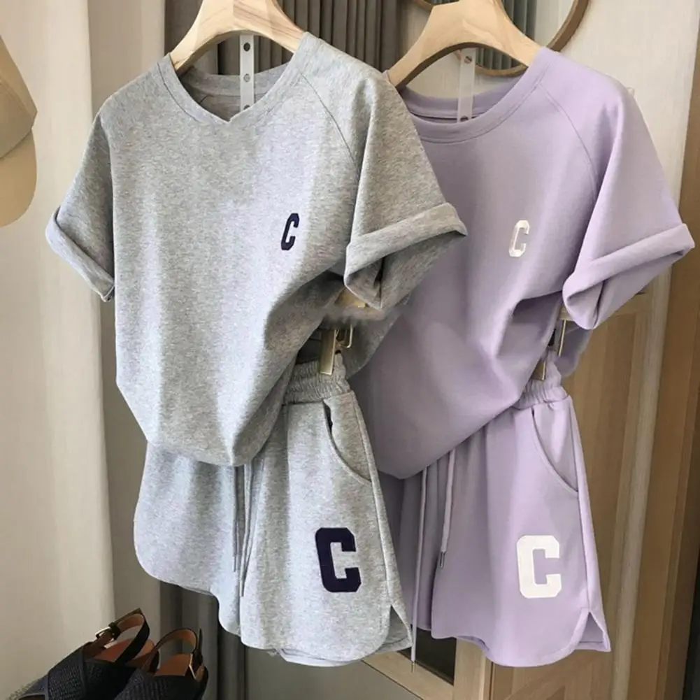 2 Pcs/Set Women Summer Tracksuit Short Sleeves Letter Embroidery Loose Round Neck Pockets Daily Wear Elastic Waist Exercise