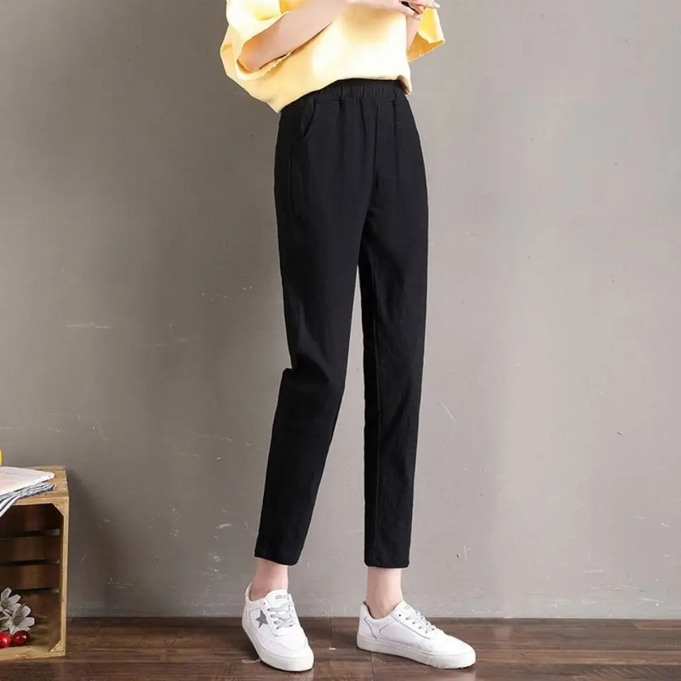 Cotton And Linen 2024 Summer High Waisted Thin Cropped Pants For Women's Loose And Versatile Fashion Casual Small Leg Pants