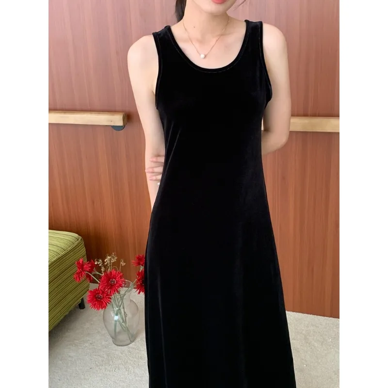 Ins Women Dress Sleeveless Off Shoulder Black Camis Dresses Simple Young Lady Korean Fashion Sexy Skirts Autumn Bottom Clothes