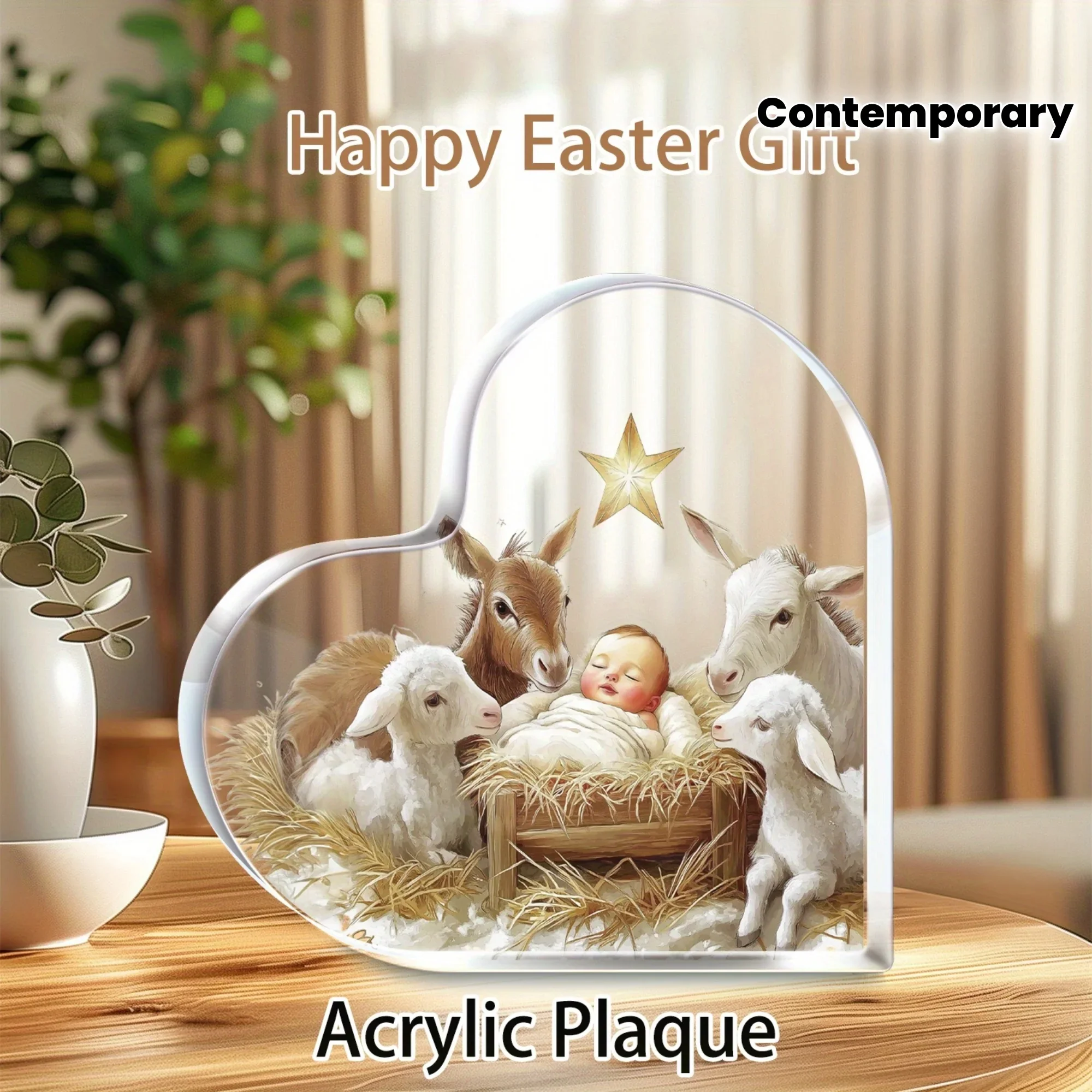 2D， Heart shaped acrylic desktop decoration - Nativity scene, suitable for home, office, room decoration, holiday gifts