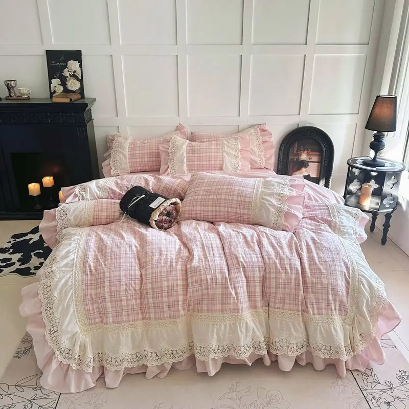 

Vintage French Plaid Lace Ruffles 100% Cotton Bedding Set Duvet Cover Set Bed Sheet/Bed Skirt/Fitted Sheet Pillowcases 4Pcs
