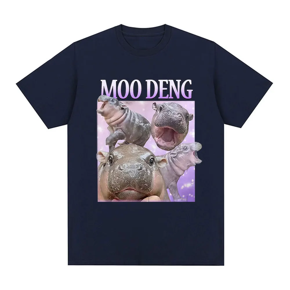 Moo Deng Cute Baby Hippo Funny Meme Graphic T-shirt Men Women High Quality Cotton T-shirt Fashion Oversized T Shirts Streetwear