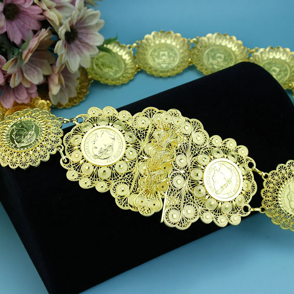 Sunspicems Francais Empire Algeria Coin Belt For Women Gold Color Napoleon Waist Chain Kaftan Belt Morocco Bride Jewelry