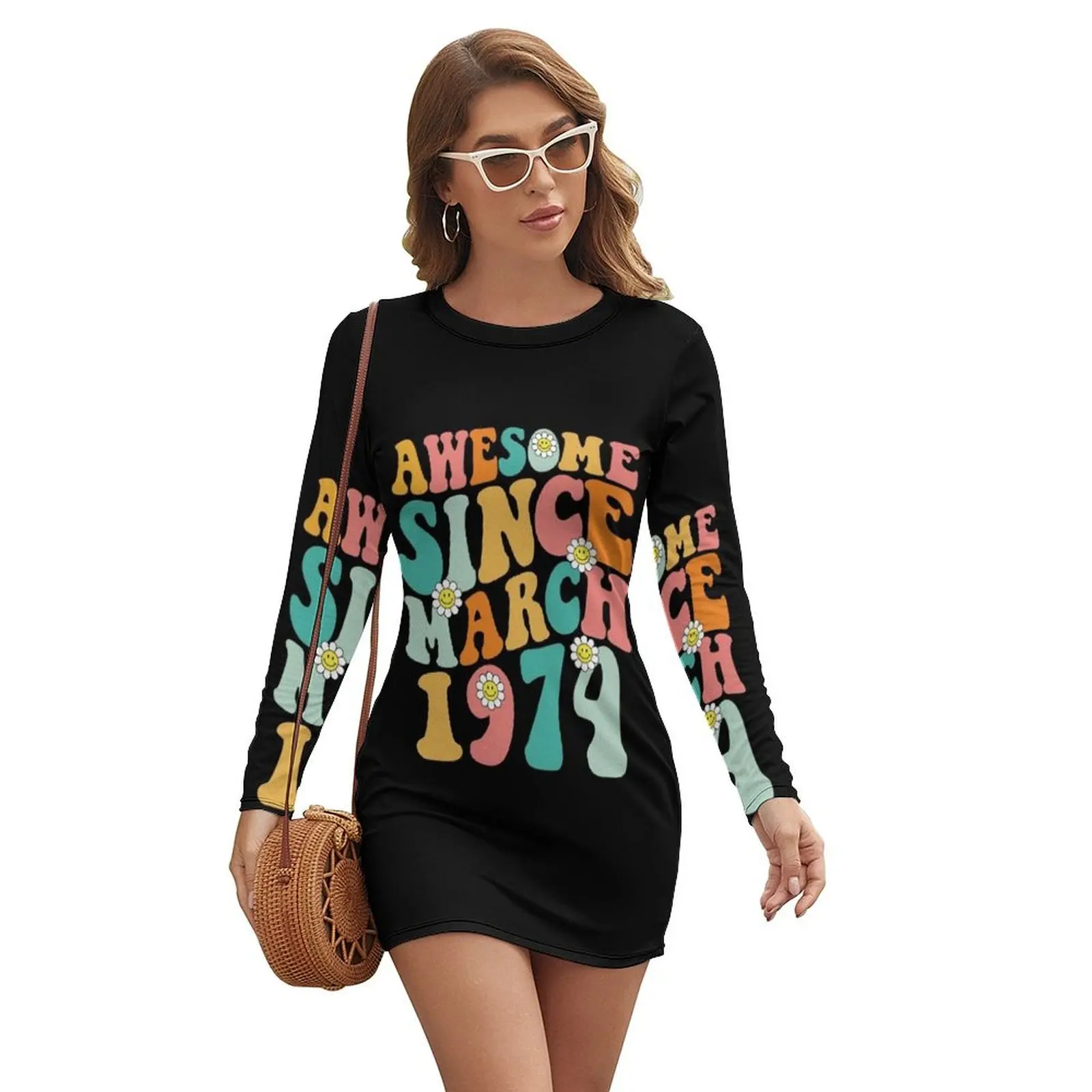 

Awesome Since March 1974 Made In 1974 Retro Groovy Birthday Long-sleeved Dress dress dresses