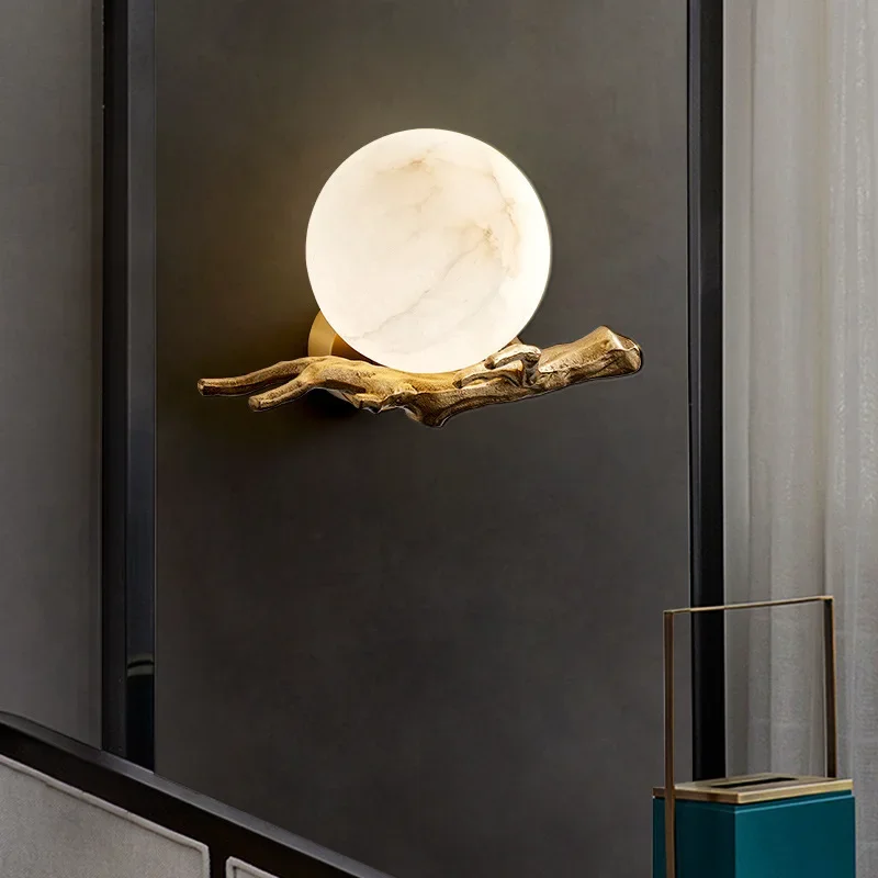 Light luxury new Chinese-style all-copper marble wall lamp creative design art high-end living room background wall bedroom