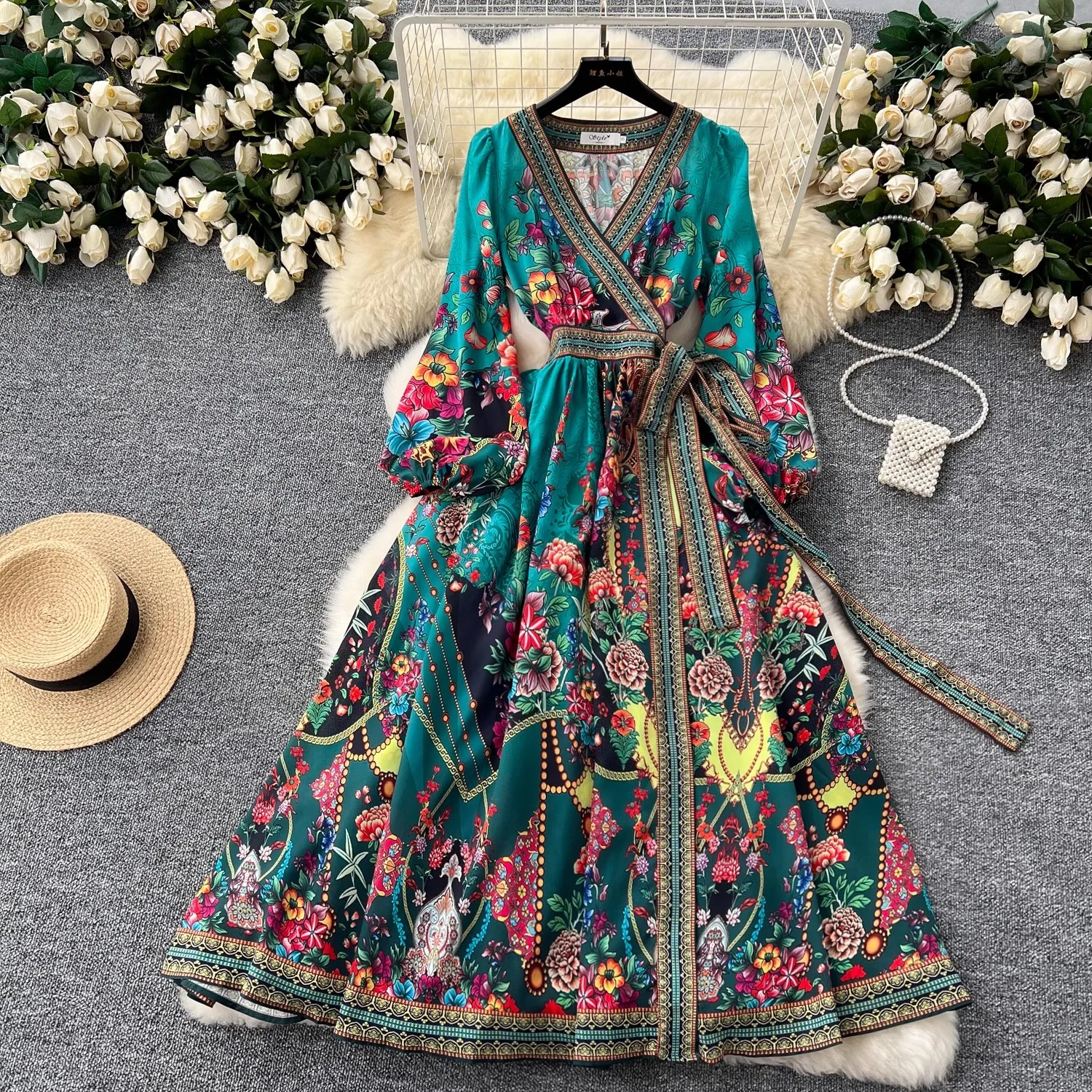 

2024 Holiday Gorgeous Flower Robe Dress Women's Cross V Neck Long Lantern Sleeve Floral Print Belt Lace Up Maxi Party Vestidos