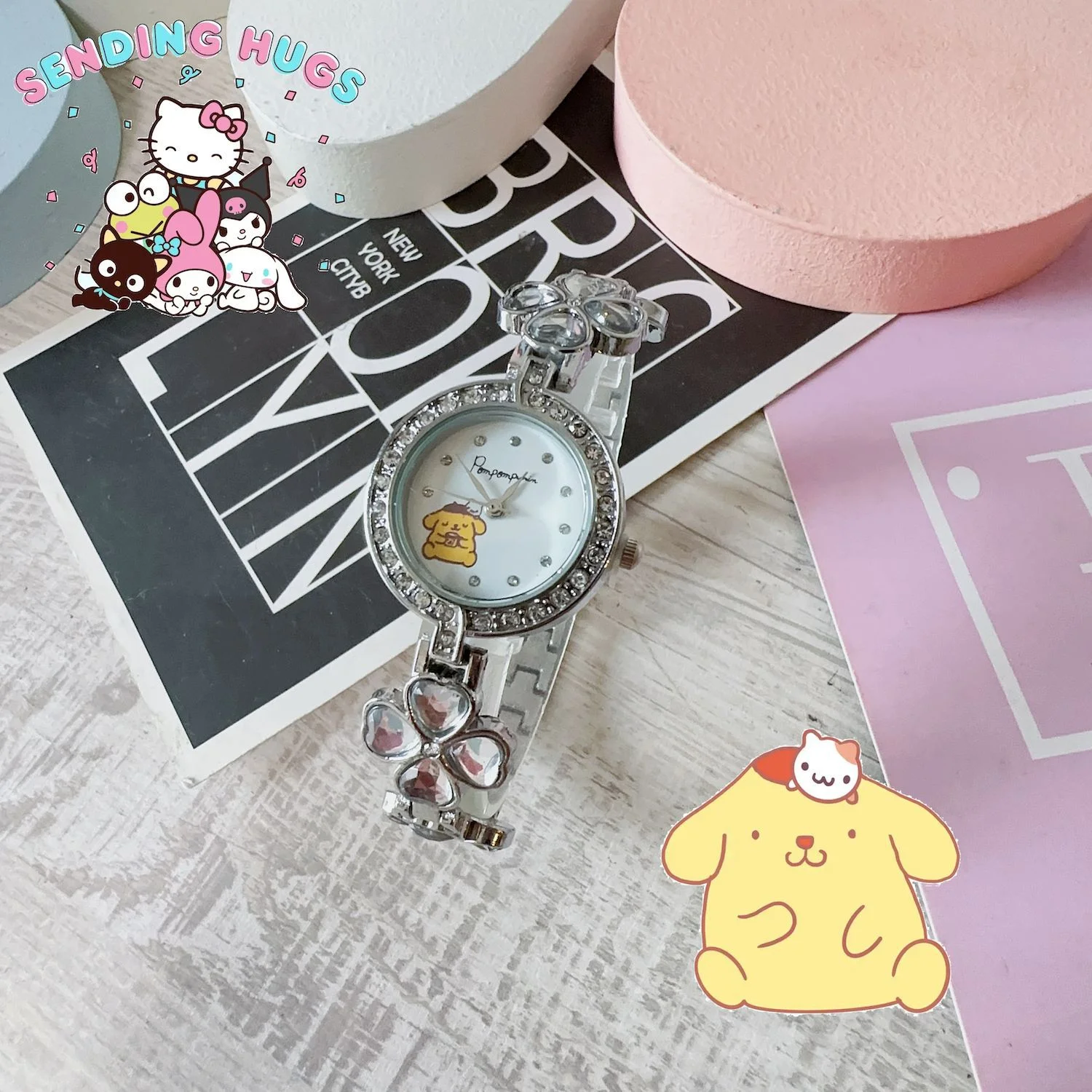 ساعة كارتون لطيفة للنساء كاجوال هدية مجوهرات ساعة نسائية هالو كيتي أربع أوراق البرسيم نقطة الماس سوار نسائي