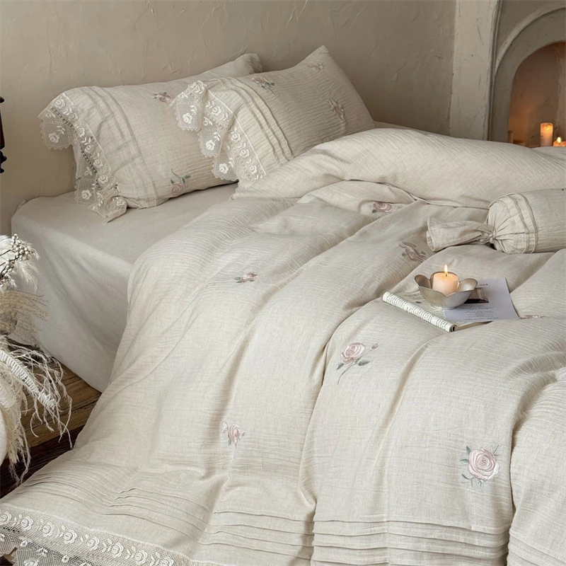 Elegant Rose Embroidery Lace Edge Linen Cotton Bedding Set Double Queen King Size Duvet Cover Flat/Fitted Sheet Pillowcases 4Pcs